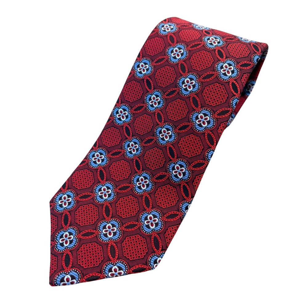 JZ Richards 100% Silk Mens Tie Red Blue Medallion Geometric Made USA 57x3.25"